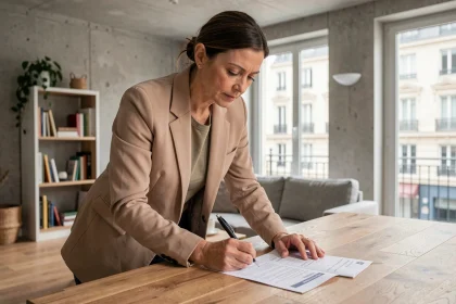 Propriétaire signant un contrat de bail mobilité dans un appartement parisien moderne
