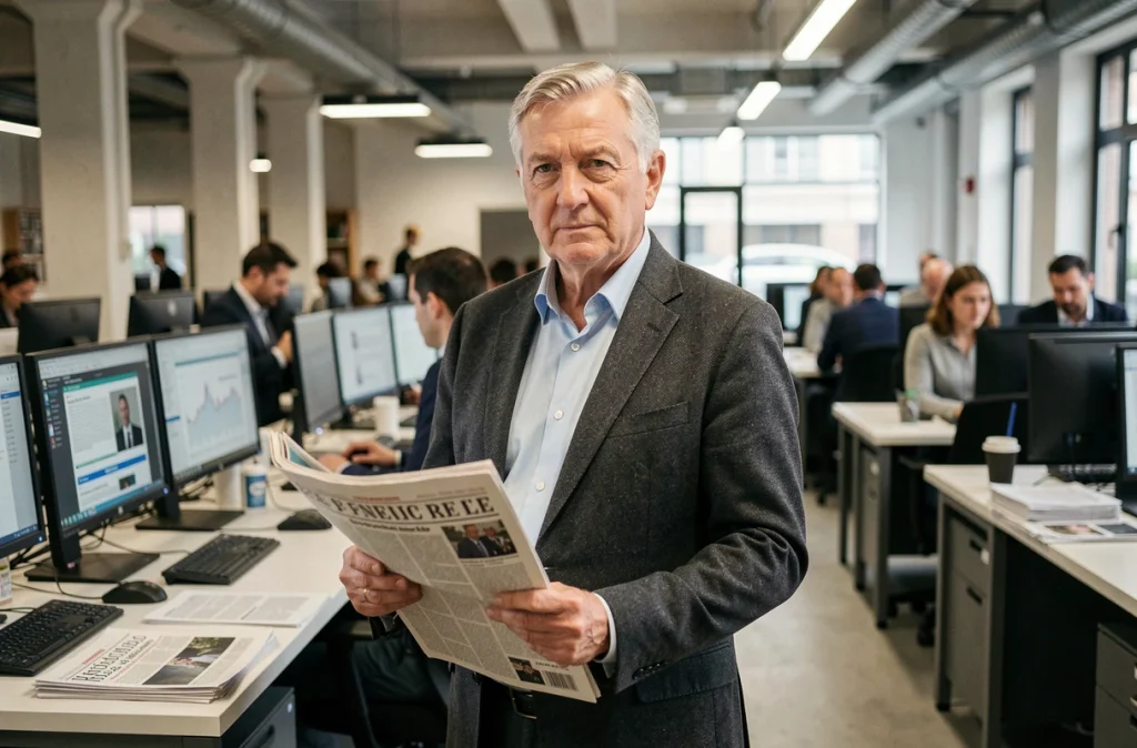 Rédacteur en chef libéral dans une salle de rédaction parisienne tenant un journal imprimé, symbole du journalisme économique français