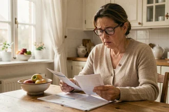 Salariée à domicile examinant des fiches de paie et documents CESU sur une table de cuisine en bois