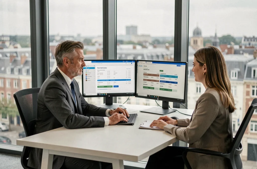 Courtier d'ABE Courtage présentant des offres d'assurance comparatives à une cliente à Rennes