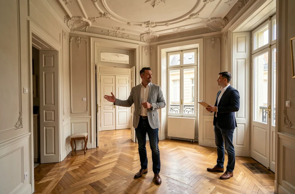 Agent Ad Immo présentant un appartement ancien rénové à un investisseur dans les Hauts-de-France