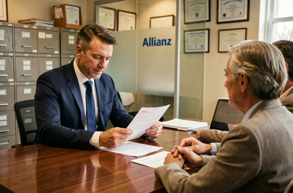 Agent général Allianz Corvoisier-Gilois accueillant des clients dans son agence de Bain-de-Bretagne
