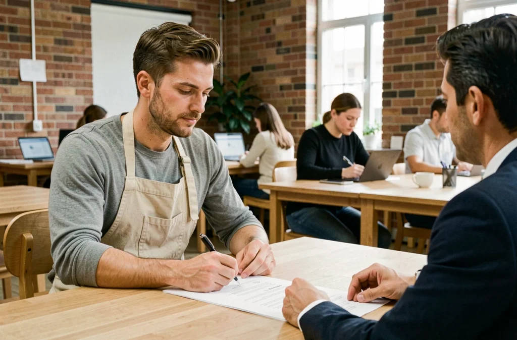 Artisan signant un contrat d'assurance professionnelle avec un conseiller dans un espace de coworking