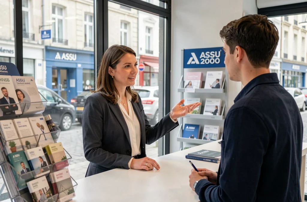 Conseillère ASSU 2000 Rennes Fougères aidant un client dans l'agence de Rennes