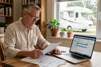 Un homme compare des offres d'assurance camping-car temporaire avant son départ en voyage