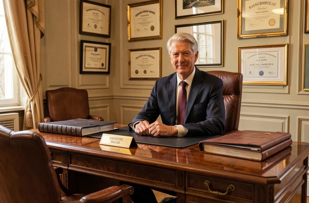 Louis Berecochea, conseiller du cabinet éponyme, dans un bureau formel au style classique bayonnais