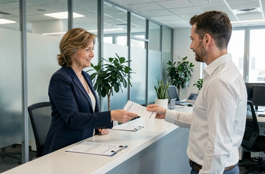 Cliente remettant un formulaire à un conseiller dans une agence d'assurance Predica pour son assurance emprunteur