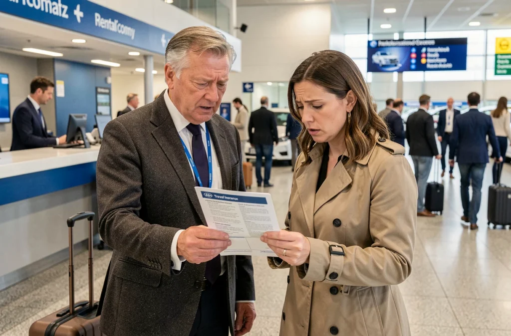 Deux collègues en déplacement professionnel consultant leur contrat d'assurance voyage à l'aéroport près d'un comptoir de location de voiture