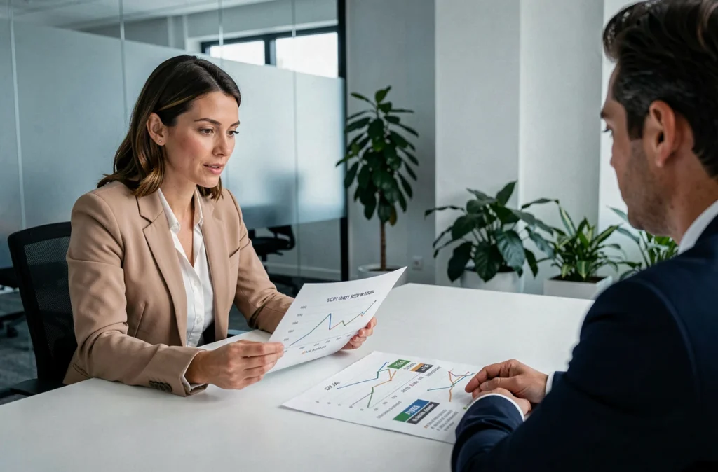 Femme consultant un conseiller financier pour comparer SCPI et investissement immobilier direct
