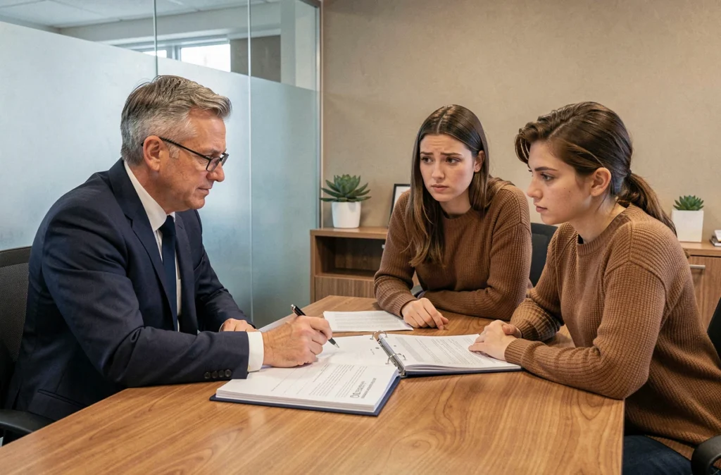 Conseiller financier expliquant une clause ITT d'assurance emprunteur à un jeune couple dans une agence bancaire