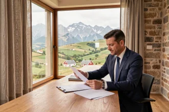 Conseiller en investissement locatif dans les Pyrénées-Atlantiques, bureau moderne avec vue sur les montagnes Pyrénées