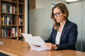 Femme conseillère financière analysant des documents SCPI dans un bureau professionnel moderne
