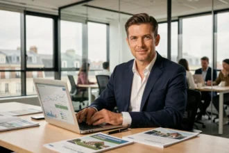 Conseiller en investissement locatif dans un bureau moderne des Hauts-de-France, entouré de documents immobiliers