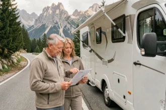 Couple de quinquagénaires comparant des documents d'assurance camping-car devant leur véhicule sur une route de montagne