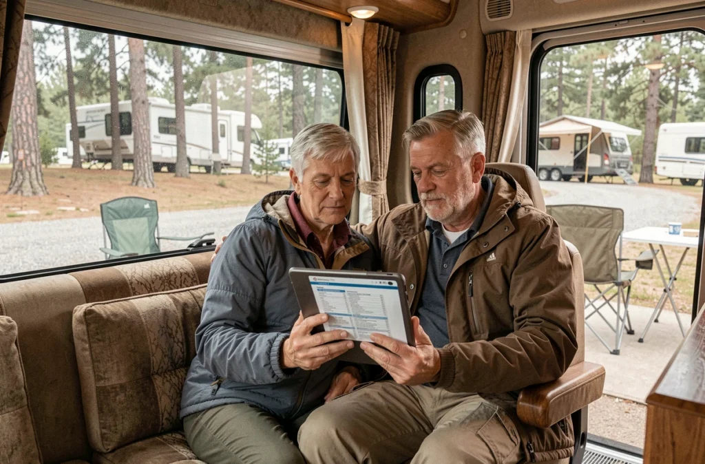 Un couple vérifie leur assurance camping-car temporaire sur tablette à l'intérieur du véhicule