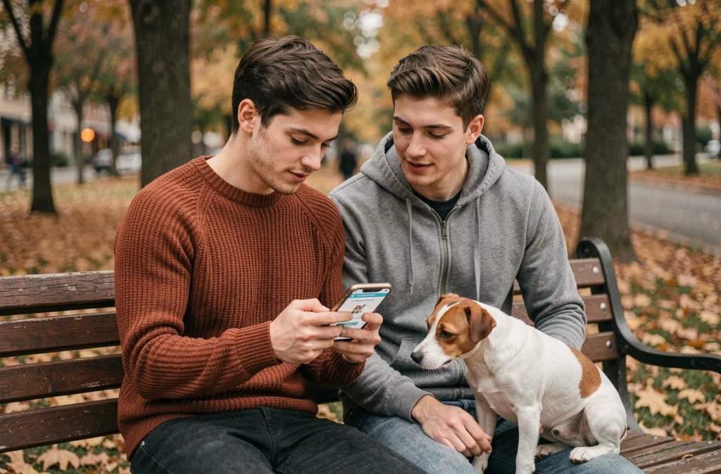 Couple comparant des offres d'assurance chien sur smartphone dans un parc en automne avec leur Jack Russell