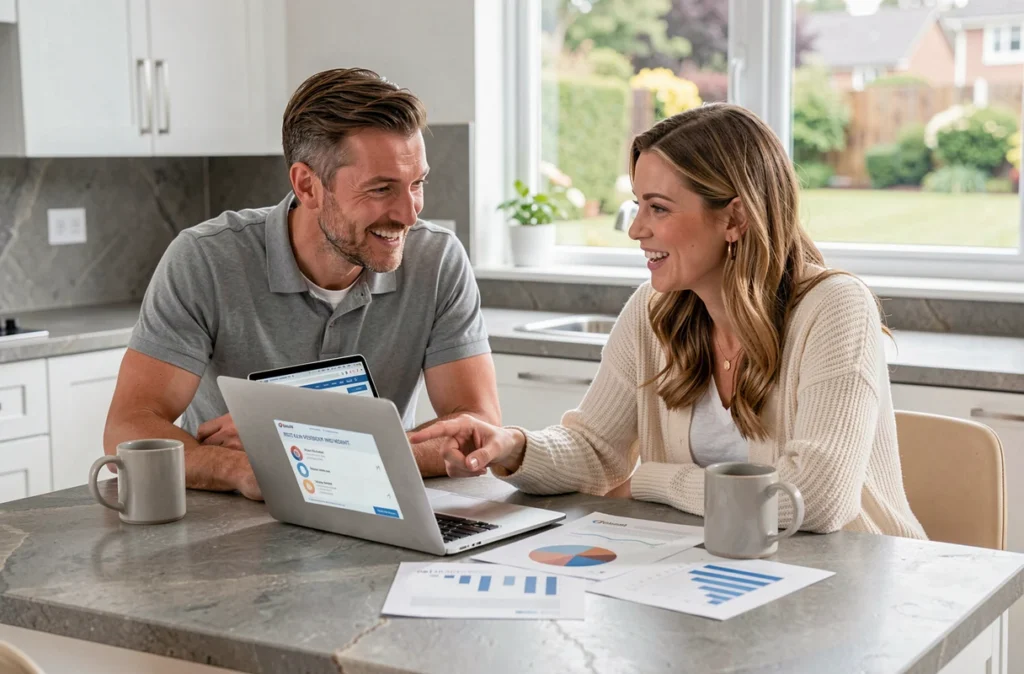 Couple comparant les options de placement SCPI sur un ordinateur portable à la maison