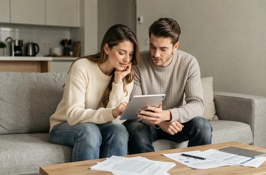 Couple utilisant une tablette pour comparer rendez-vous en visio et en agence à La Banque Postale pour un projet immobilier