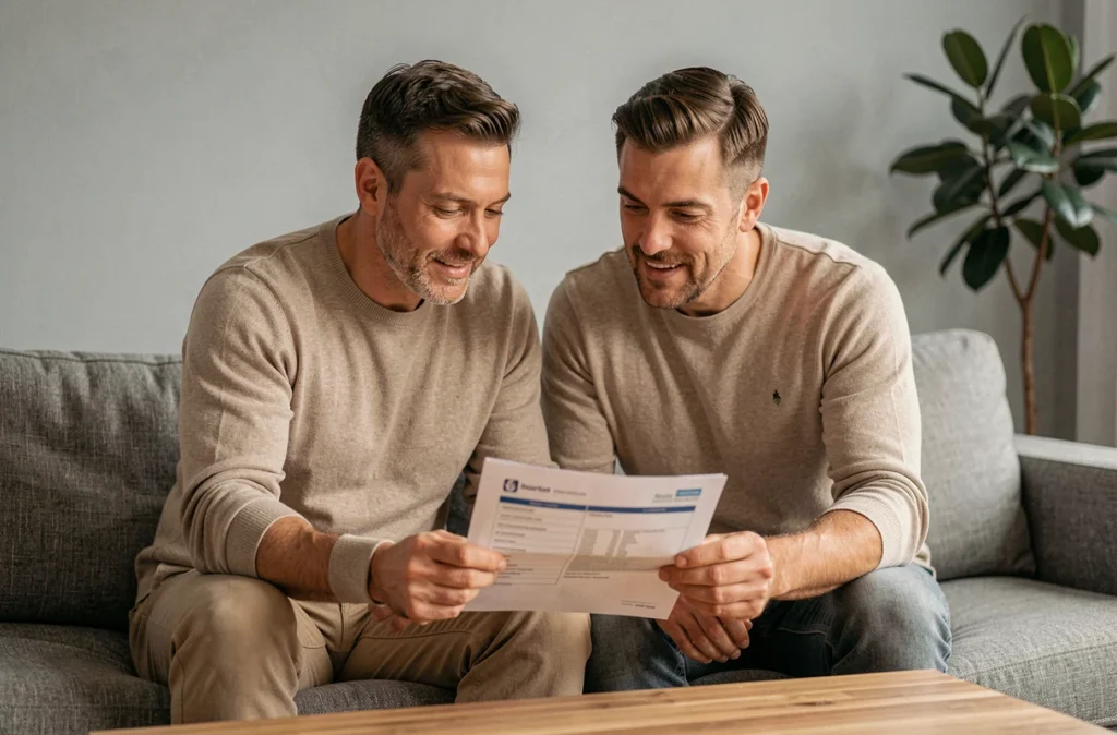 Couple examinant ensemble leur contrat d'assurance emprunteur Predica dans leur salon