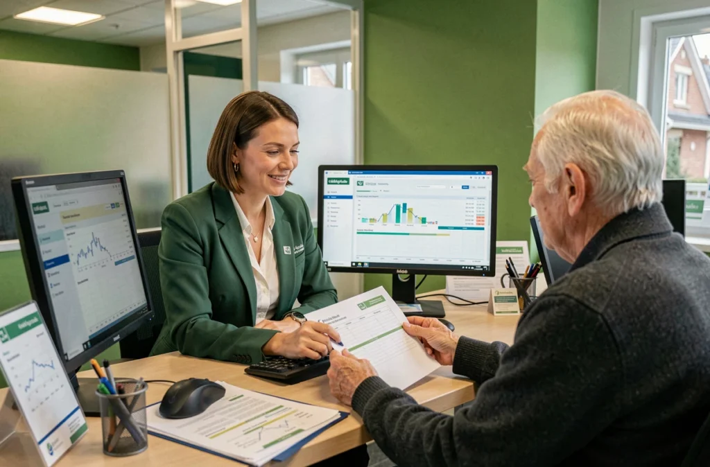 Conseillère bancassurance Crédit Agricole du Finistère aidant un client senior dans une agence du Finistère