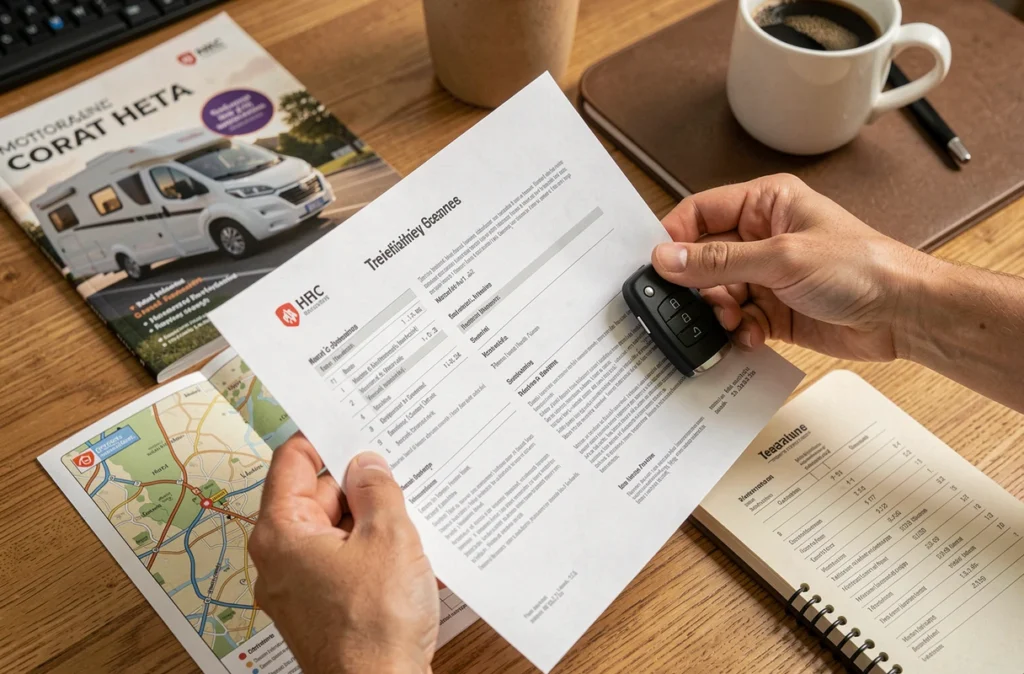 Documents d'assurance camping-car temporaire et clés de véhicule posés sur un bureau avant un départ en road trip
