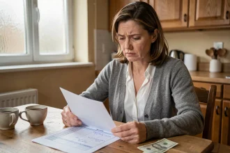 Une enseignante quadragénaire analyse son budget mensuel à la table de cuisine en consultant une feuille de paie 2026