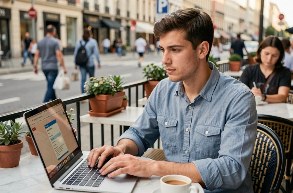 Jeune entrepreneur comparant des offres d'assurance professionnelle sur un ordinateur portable en terrasse de café