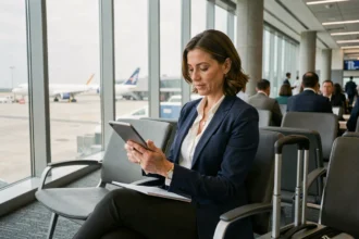 Femme d'affaires en déplacement professionnel consultant des documents dans un aéroport avant son vol