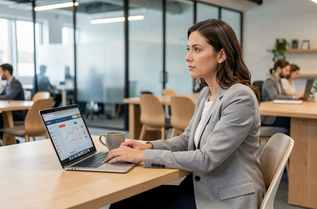 Femme consultant des avis en ligne sur une SCPI depuis un espace de coworking moderne