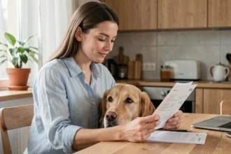 Femme consultant un contrat d'assurance chien avec son golden retriever posé sur ses genoux dans une cuisine moderne