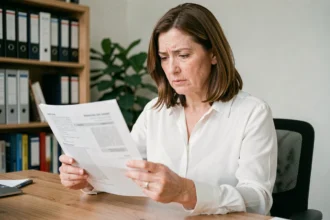 Femme d'âge moyen lisant attentivement un contrat d'assurance emprunteur à son bureau à domicile