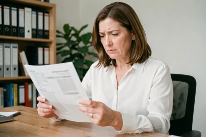 Femme d'âge moyen lisant attentivement un contrat d'assurance emprunteur à son bureau à domicile