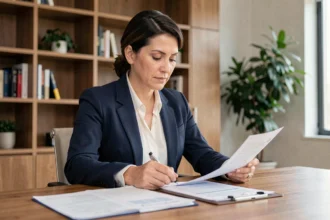 Femme professionnelle examinant des documents d'assurance professionnelle dans un bureau moderne
