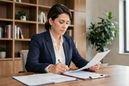 Femme professionnelle examinant des documents d'assurance professionnelle dans un bureau moderne