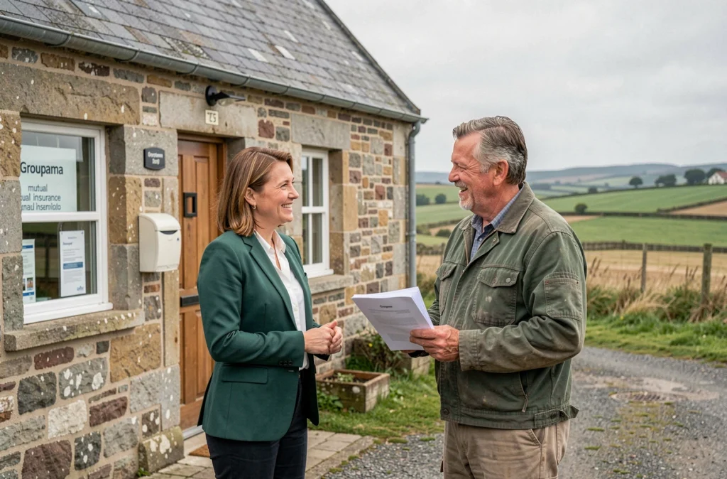 Conseillère Groupama Loire-Bretagne accueillant un agriculteur devant une agence au cœur de la campagne bretonne