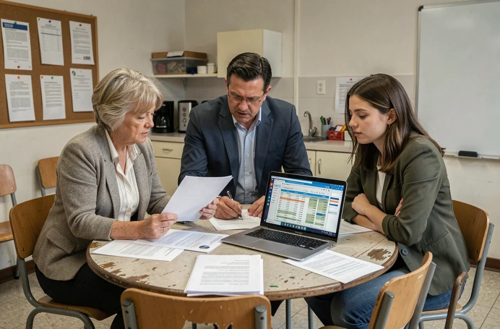 Un groupe de trois enseignants réunis en salle des professeurs examinent ensemble les nouvelles grilles de salaire 2026