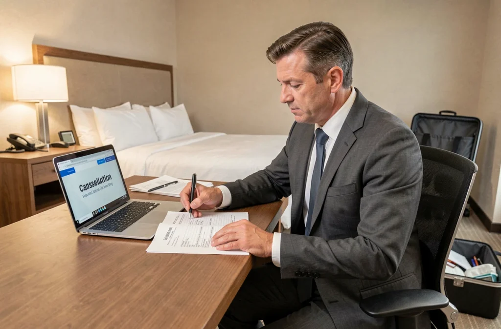 Homme d'affaires remplissant un formulaire de réclamation d'assurance voyage dans une chambre d'hôtel après une annulation de vol
