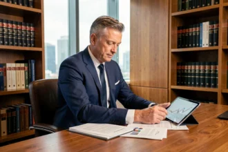 Homme en costume analysant des documents de placement SCPI dans un bureau professionnel moderne