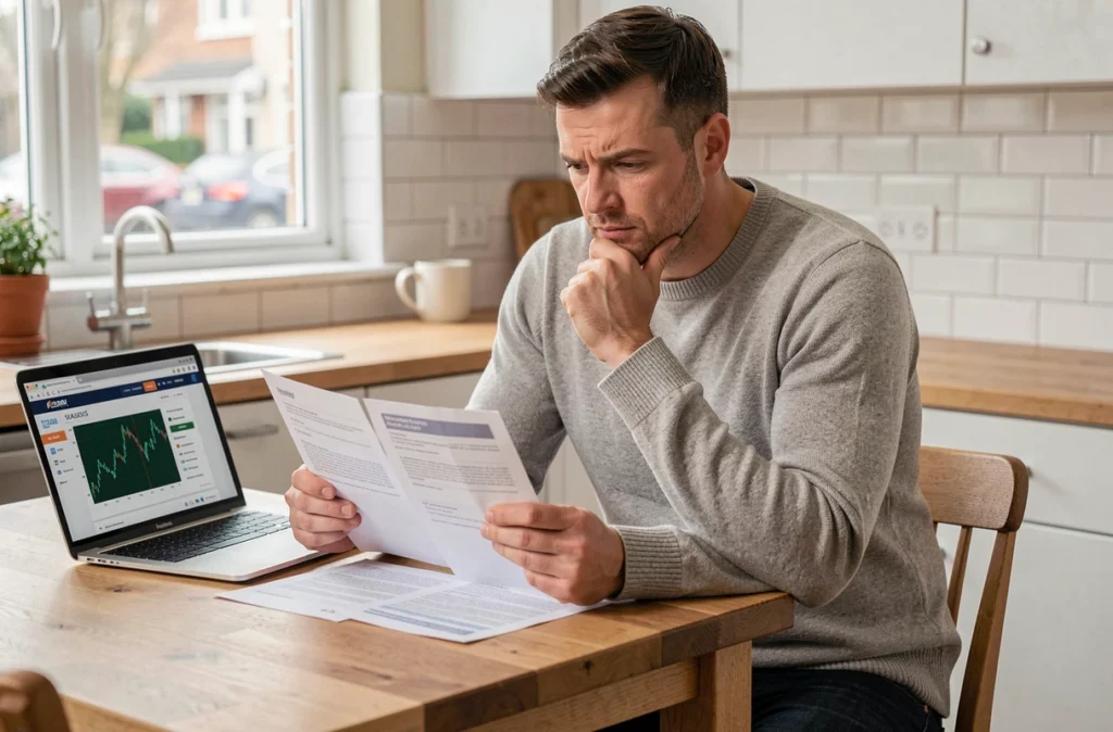 Homme comparant deux contrats d'assurance emprunteur à la table de sa cuisine avec un ordinateur portable ouvert