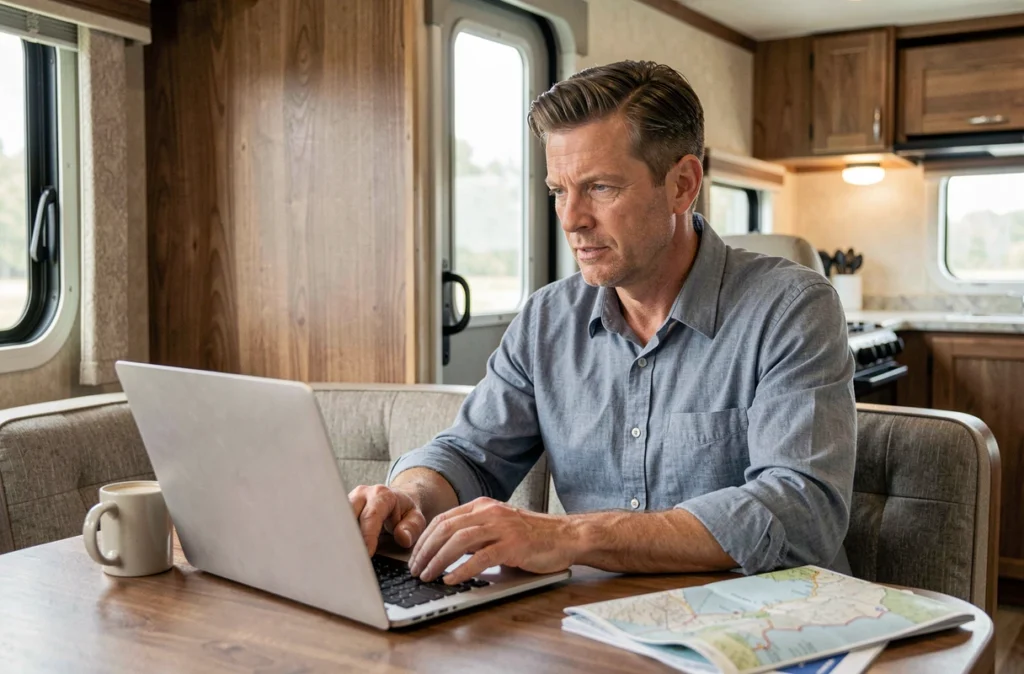 Homme consultant un comparateur d'assurance camping-car sur ordinateur portable à l'intérieur de son véhicule