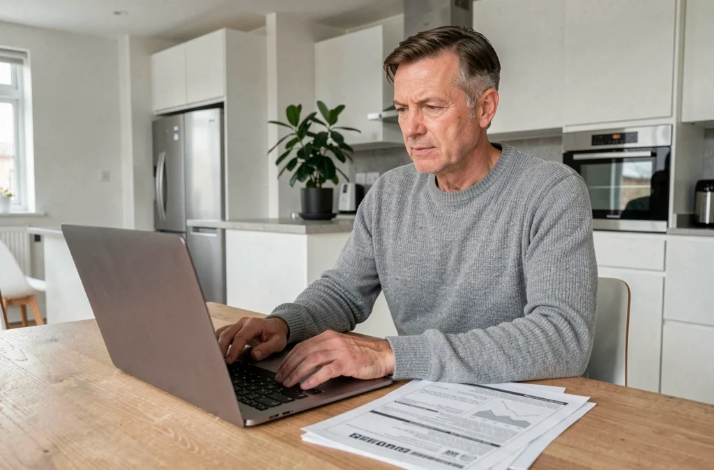 Homme consultant des documents d'assurance emprunteur Predica sur ordinateur portable dans sa cuisine