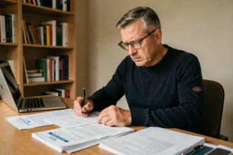 Homme consulant des documents administratifs pour le rachat de rente accident de travail en 2026