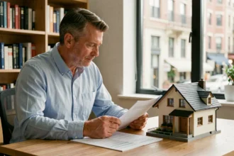 Homme comparant des documents financiers et une maquette de maison pour choisir entre pierre-papier et immobilier classique