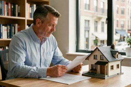 Homme comparant des documents financiers et une maquette de maison pour choisir entre pierre-papier et immobilier classique