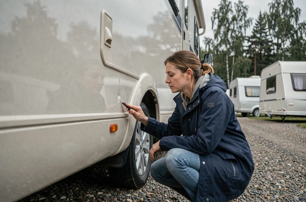 Femme inspectant les dégâts carrosserie d'un camping-car dans un camping avant de déclarer un sinistre à son assurance