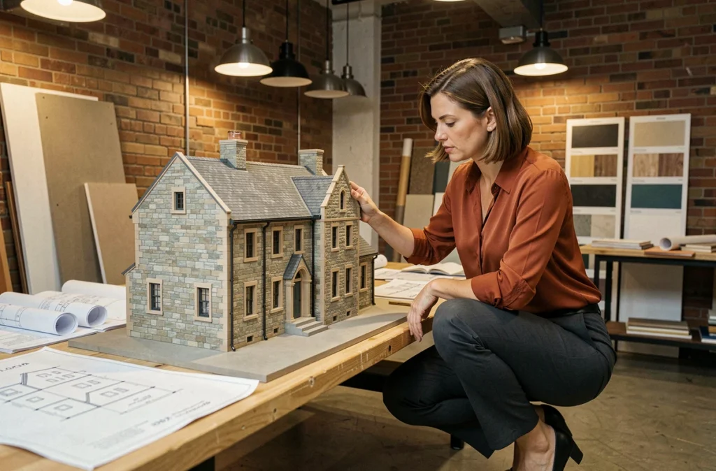 Spécialiste d'Investir dans l'Ancien étudiant un modèle réduit de bâtiment historique rénové