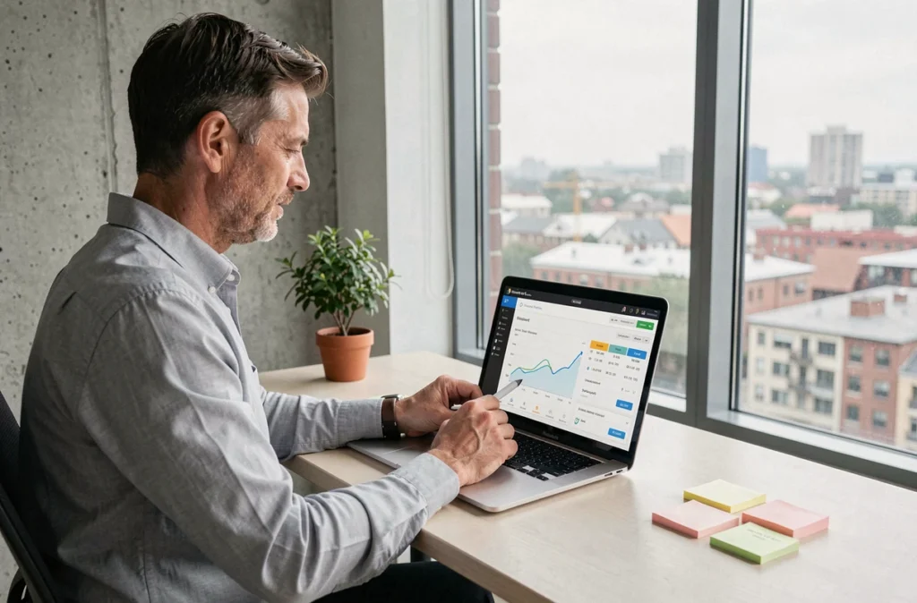 Investisseur particulier consultant un tableau de bord de parts de SCPI sur ordinateur portable
