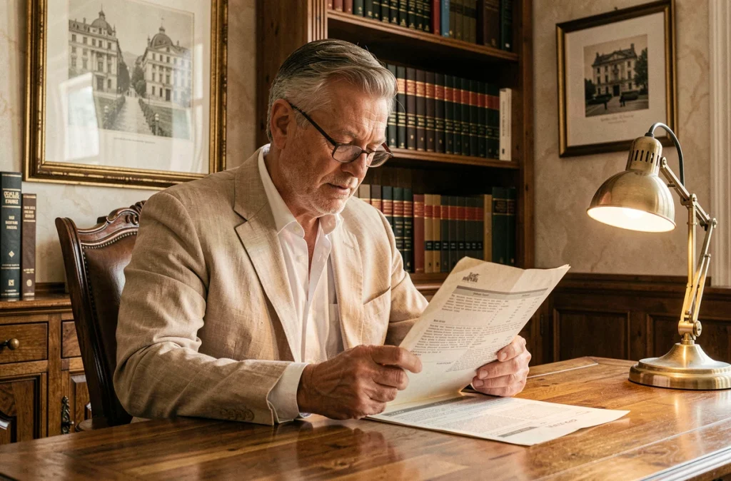 Conseiller de Lamarque Conseil examinant un rapport d'investissement immobilier dans un bureau à l'atmosphère traditionnelle française