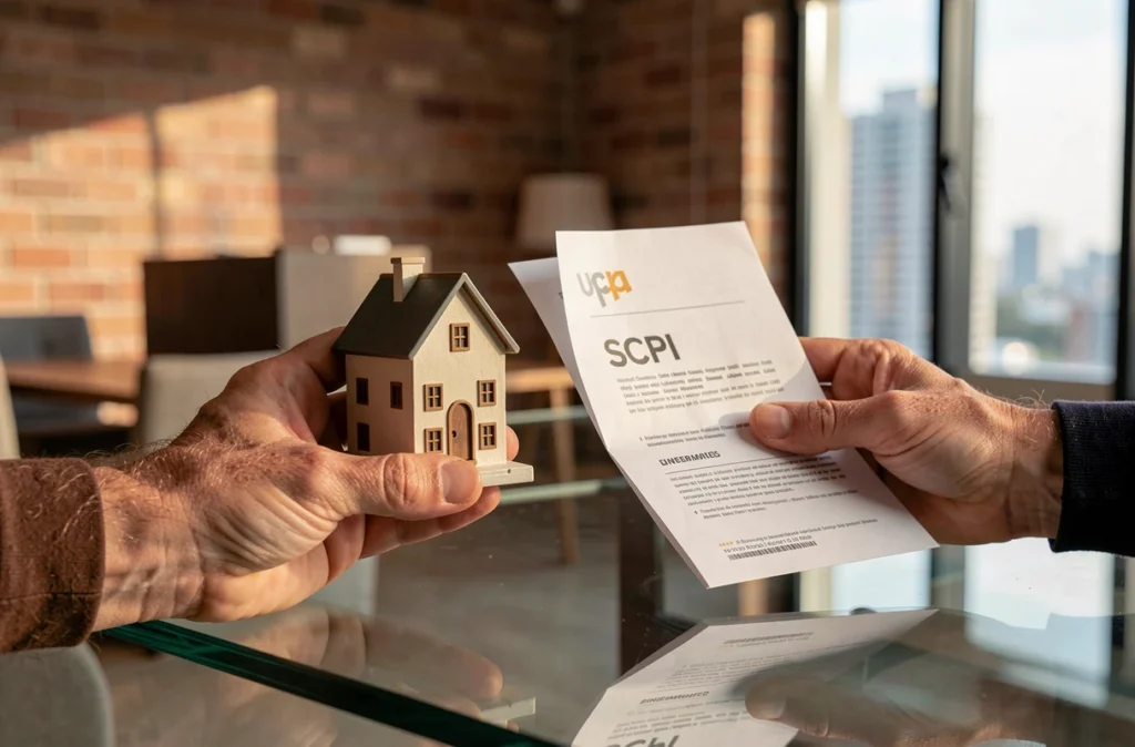 Mains tenant une figurine de maison et un prospectus SCPI illustrant le choix entre pierre-papier et immobilier physique
