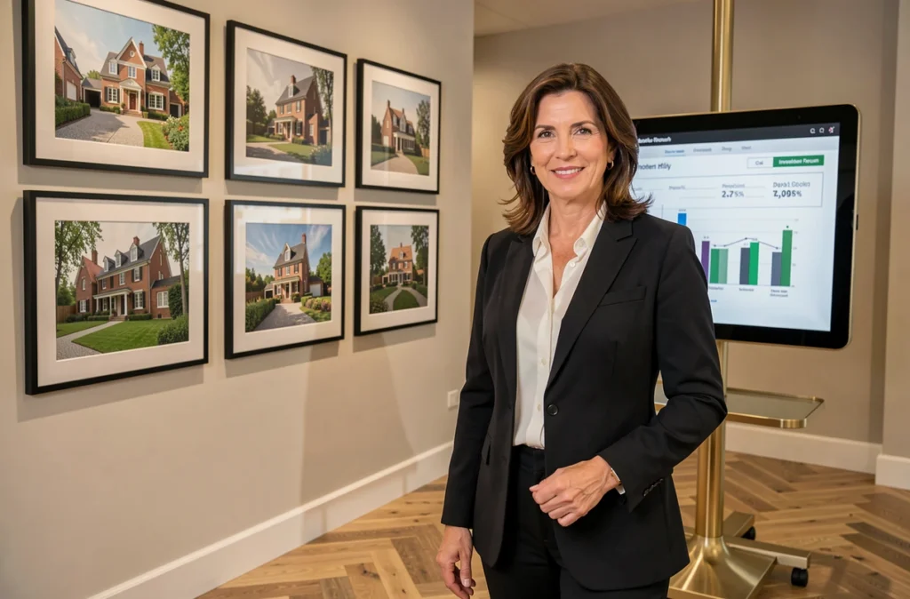 Stratège Masteos présentant des projets de rénovation locative dans un showroom immobilier haut de gamme